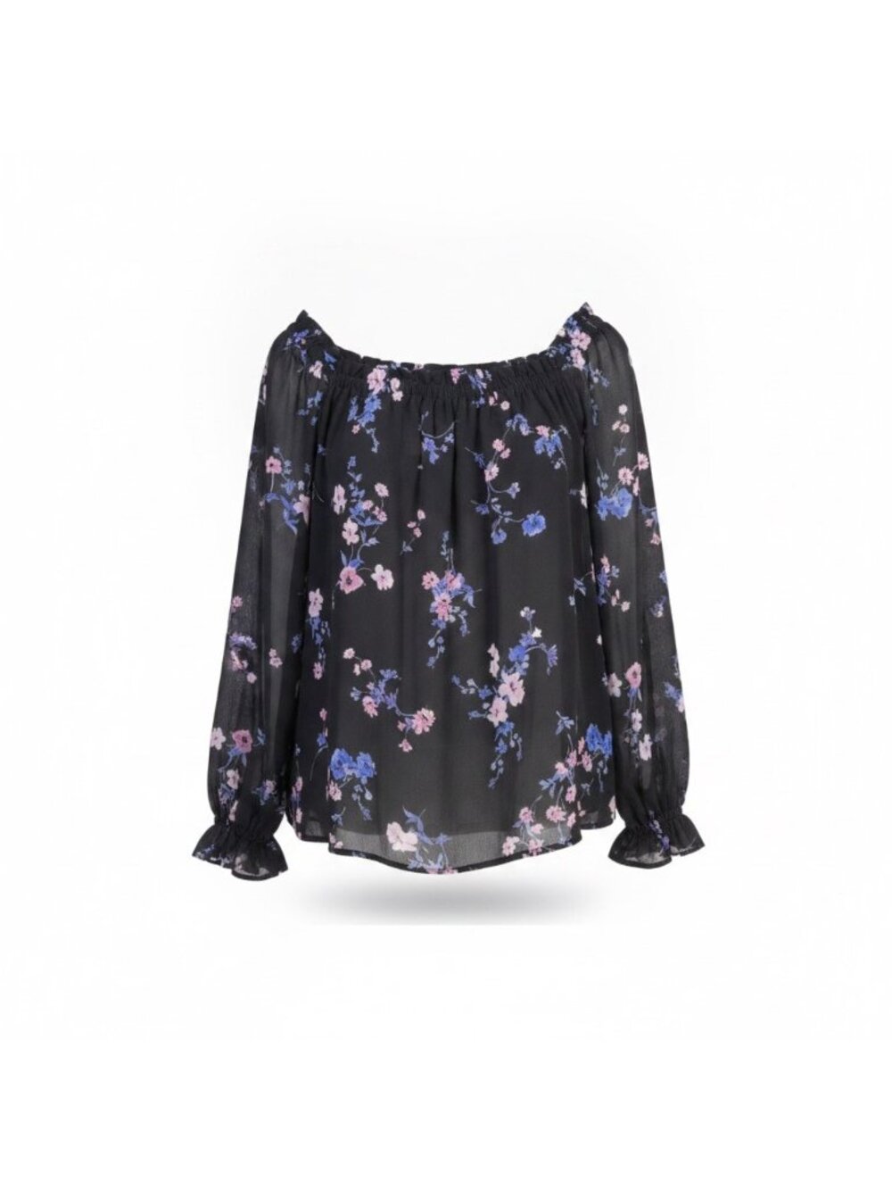 Cece Womens Black Floral  Off-Shoulder Top Sleeve Tie Detailing Size M 3/4